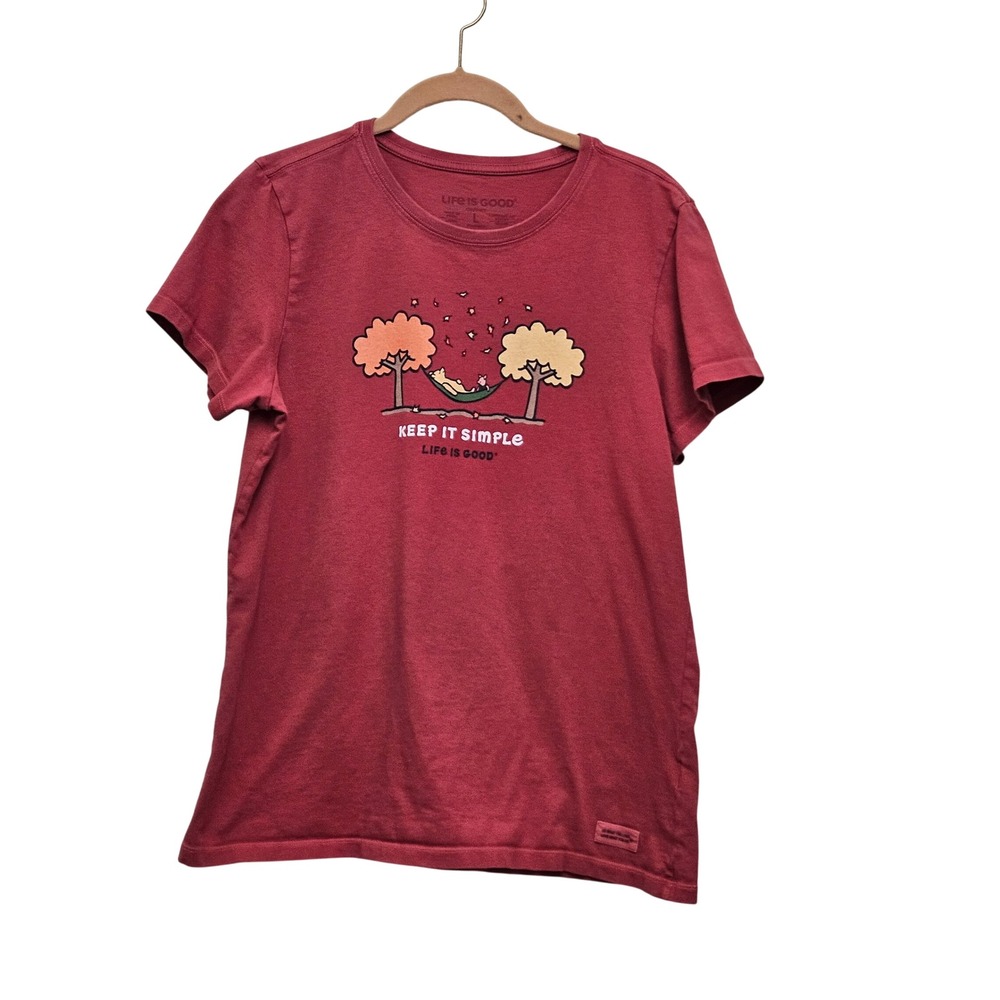 Life is Good T-Shirt Women L Red Keep It Simple Hammock Graphic Relaxed Cotton